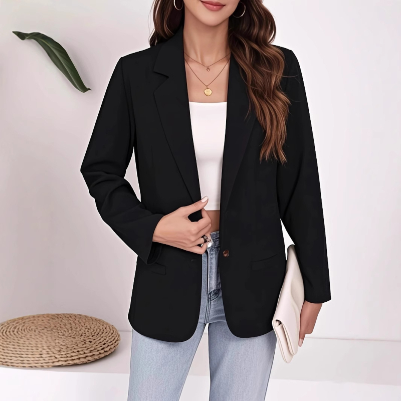 Ženski slim-fit cardigan-blazer s reverom, prednje kopčanje na jedno dugme, dugi rukavi, poliester, sadržaj poliester 95%+