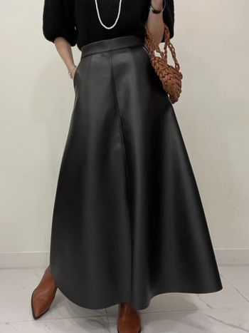PU kožna suknja s visokim pojasom, A-linija, duga, jesen 2024