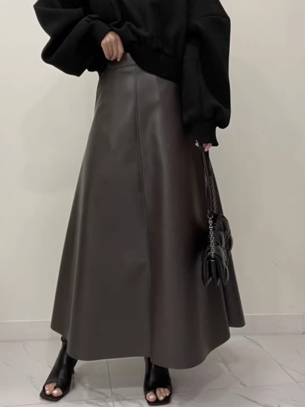 PU kožna suknja s visokim pojasom, A-linija, duga, jesen 2024