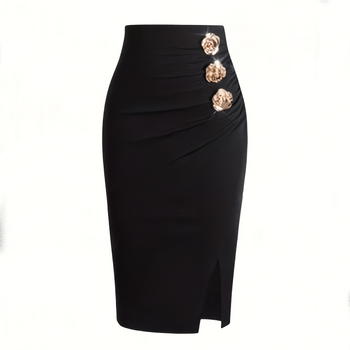 Midi suknja za odijelo s gumbima, zatvaračem i asimetričnim detaljima; poliester s elastanom, mikroelastična, elegantan stil.