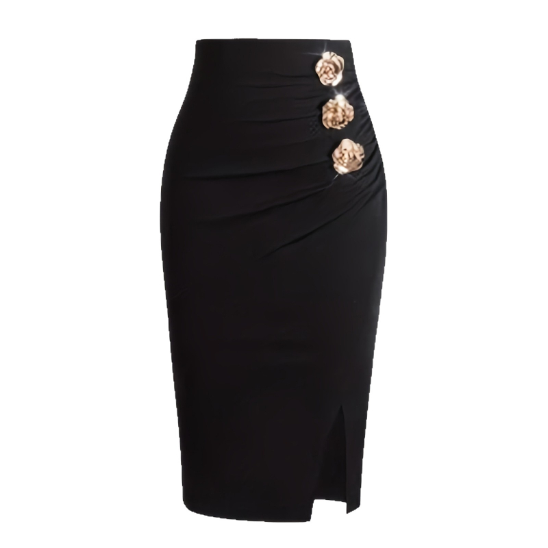 Midi suknja za odijelo s gumbima, zatvaračem i asimetričnim detaljima; poliester s elastanom, mikroelastična, elegantan stil.