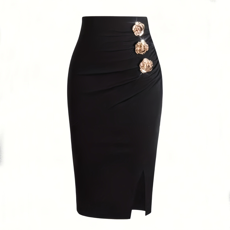 Midi suknja za odijelo s gumbima, zatvaračem i asimetričnim detaljima; poliester s elastanom, mikroelastična, elegantan stil.