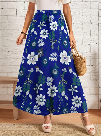 Duga A-linijska suknja s cvjetnim printom, visoki pojas, poliester 95%+, casual japansko-korejski stil