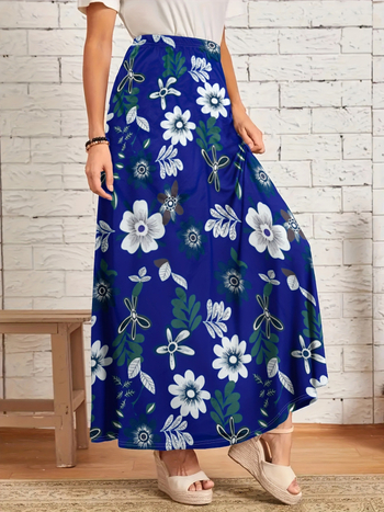 Duga A-linijska suknja s cvjetnim printom, visoki pojas, poliester 95%+, casual japansko-korejski stil