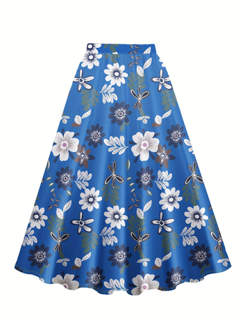 Duga A-linijska suknja s cvjetnim printom, visoki pojas, poliester 95%+, casual japansko-korejski stil