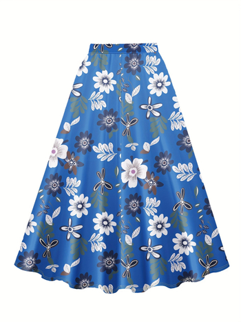 Duga A-linijska suknja s cvjetnim printom, visoki pojas, poliester 95%+, casual japansko-korejski stil