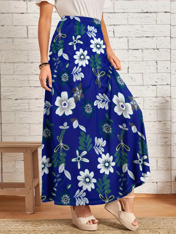 Duga A-linijska suknja s cvjetnim printom, visoki pojas, poliester 95%+, casual japansko-korejski stil