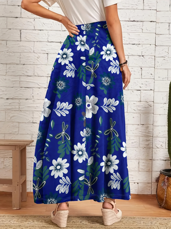 Duga A-linijska suknja s cvjetnim printom, visoki pojas, poliester 95%+, casual japansko-korejski stil
