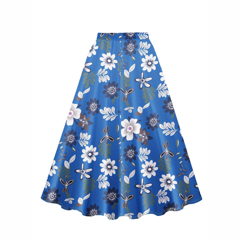 Duga A-linijska suknja s cvjetnim printom, visoki pojas, poliester 95%+, casual japansko-korejski stil