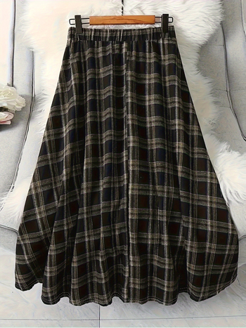 A-linijska suknja s visokim strukom, karirani uzorak, digitalni otisak, poliester tkanina