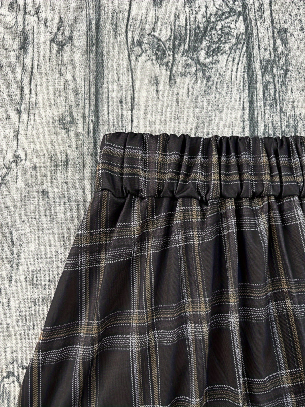 A-linijska suknja s visokim strukom, karirani uzorak, digitalni otisak, poliester tkanina