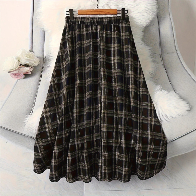 A-linijska suknja s visokim strukom, karirani uzorak, digitalni otisak, poliester tkanina