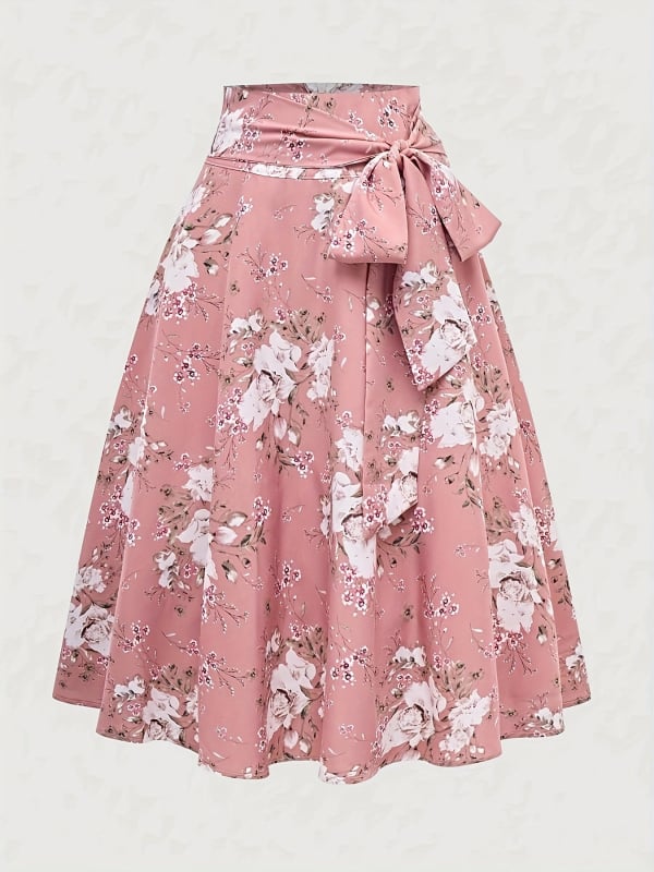 Suknja midi u A-liniji sa smockingom i otisom cvjetnog uzorka, poliester, srednja dužina, ležerni stil
