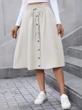 J1024 Moteriškos vidutinio ilgio A linijos sijonas, poliesteris 95%+, elegantiškas kasdienis stilius