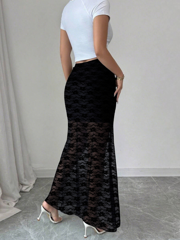 Čipkasta prozirna duga suknja s geometrijskim uzorkom, 2025 jesen, srednja elastičnost, europsko-američki stil