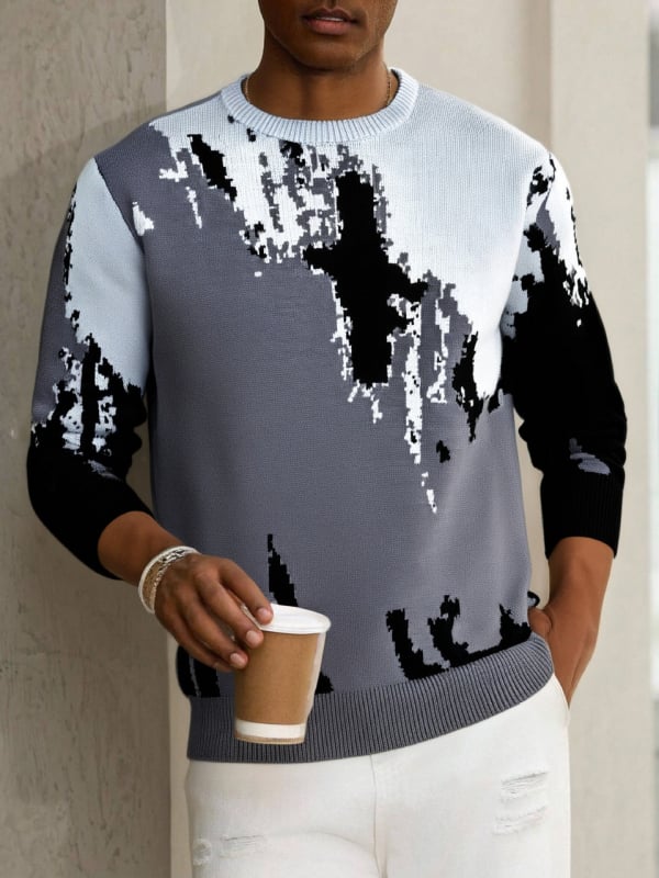 Pleteni pulover s okruglim ovratnikom, dugi rukavi, debeli džakard, 50% viskoze