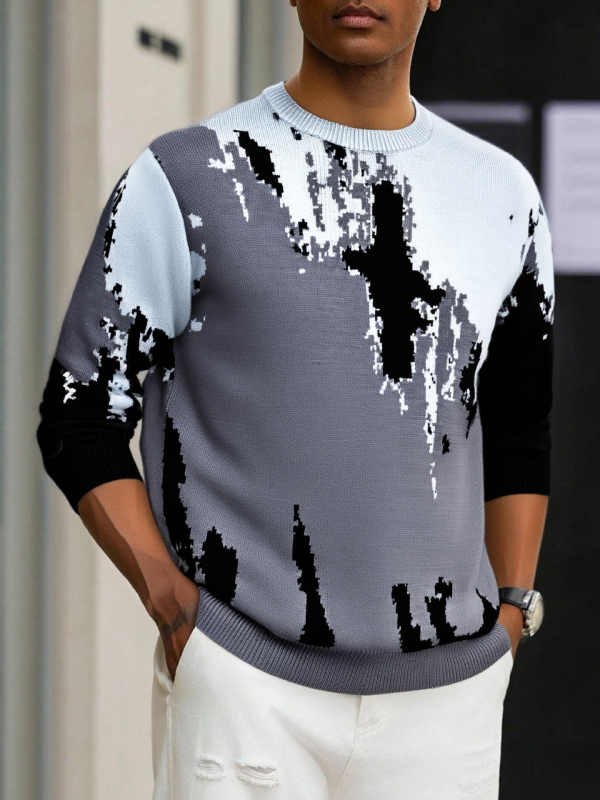 Pleteni pulover s okruglim ovratnikom, dugi rukavi, debeli džakard, 50% viskoze