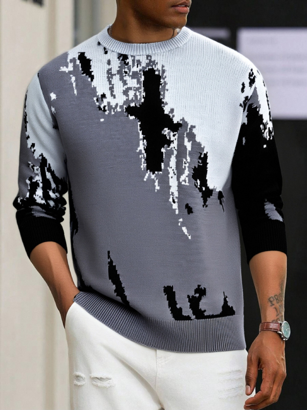 Pleteni pulover s okruglim ovratnikom, dugi rukavi, debeli džakard, 50% viskoze