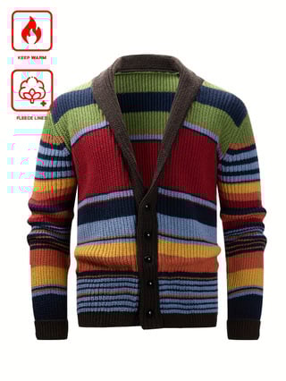 Плетен кардиган с многоцветни ивици, V-образно деколте, пачуърк детайли, дълги ръкави, полиестерна плетка