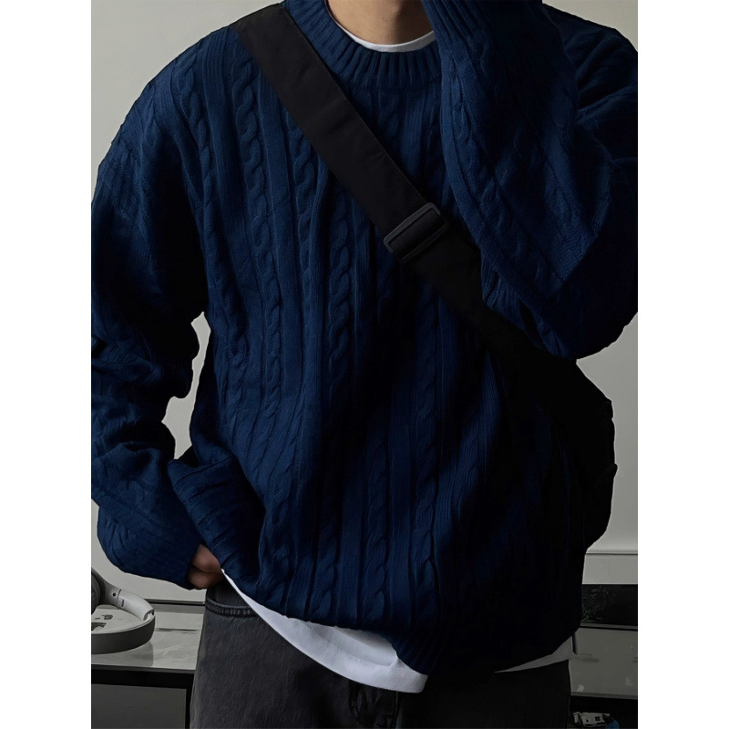 Muški pleteni džemper, korejskog stila opuštena silueta, okrugli ovratnik, dugi rukav, jesen