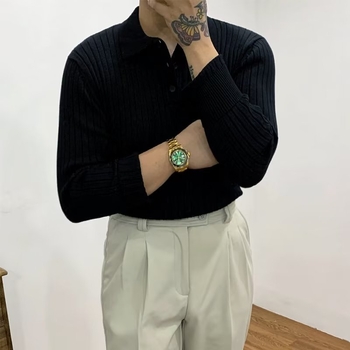 Muški pleteni polo džemper u korejskom stilu za jesen-zimu, dugih rukava, ovratnik s reverom, pamuk-poliester smjesa.