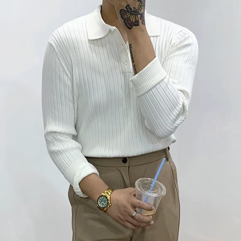 Muški pleteni polo džemper u korejskom stilu za jesen-zimu, dugih rukava, ovratnik s reverom, pamuk-poliester smjesa.