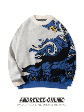 Pleteni pulover s labavim krojem, okrugli izrez, dugi rukavi, jacquard pletenina, akrilna smjesa