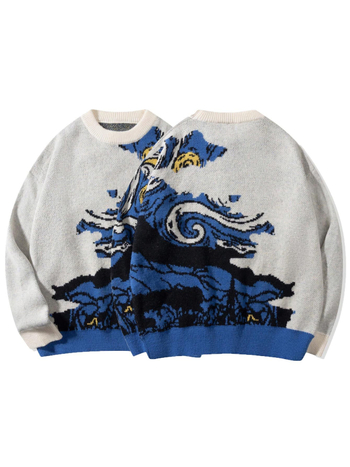 Pleteni pulover s labavim krojem, okrugli izrez, dugi rukavi, jacquard pletenina, akrilna smjesa