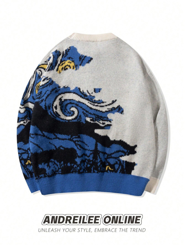 Pleteni pulover s labavim krojem, okrugli izrez, dugi rukavi, jacquard pletenina, akrilna smjesa