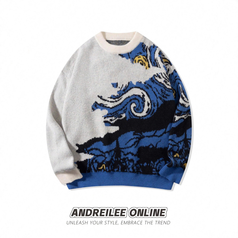 Pleteni pulover s labavim krojem, okrugli izrez, dugi rukavi, jacquard pletenina, akrilna smjesa