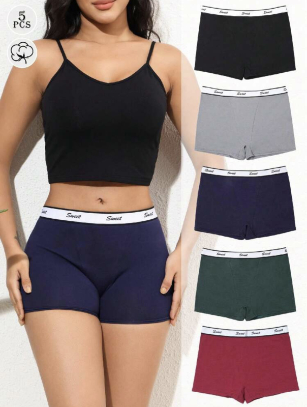 Dámske bavlnené boxerky – antibakteriálne, zvyšovanie sedu, stredný pás, jednobarevné s písmenovým vzorom