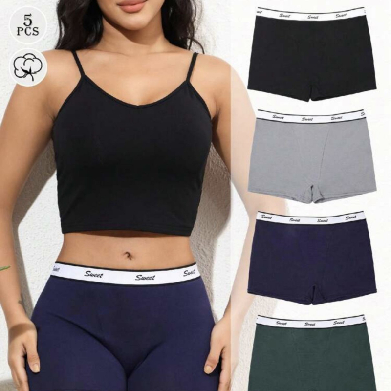 Dámske bavlnené boxerky – antibakteriálne, zvyšovanie sedu, stredný pás, jednobarevné s písmenovým vzorom