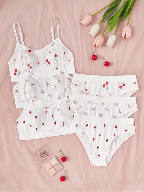 Set grudnjaka i gaćica s all-over uzorkom trešnje, čipka, Push-Up, sa žicom