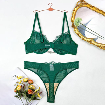 Push-up бюстгальтер комплект с флорална дантелена бродерия и прозрачен мрежест панел – полиестер 90–95%