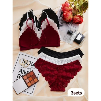 Troje čipkastih grudnjaka, udoban i prozračan set, najlon čipka s pamukom podstavom, košarice bez oblikovanja, tradicionalan, luksuzan stil