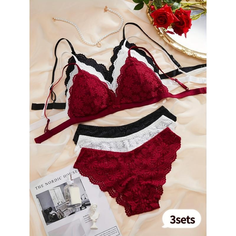 Troje čipkastih grudnjaka, udoban i prozračan set, najlon čipka s pamukom podstavom, košarice bez oblikovanja, tradicionalan, luksuzan stil