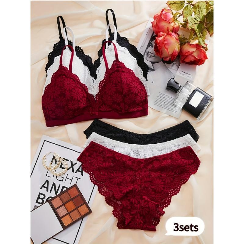 Troje čipkastih grudnjaka, udoban i prozračan set, najlon čipka s pamukom podstavom, košarice bez oblikovanja, tradicionalan, luksuzan stil