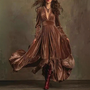 Haljina A-linije s V izrezom, dugim rukavima, visokim strukom, uzorak pruga/kockasti uzorak