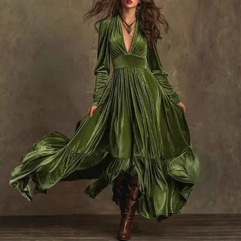 Haljina A-linije s V izrezom, dugim rukavima, visokim strukom, uzorak pruga/kockasti uzorak