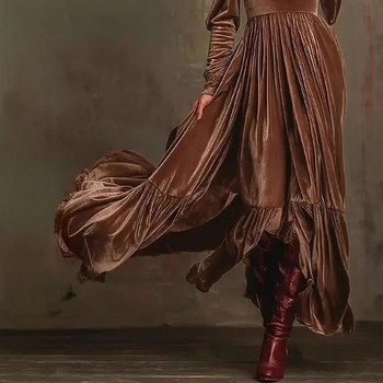 Haljina A-linije s V izrezom, dugim rukavima, visokim strukom, uzorak pruga/kockasti uzorak