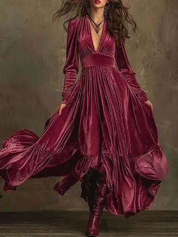 Haljina A-linije s V izrezom, dugim rukavima, visokim strukom, uzorak pruga/kockasti uzorak