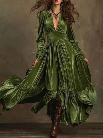 Haljina A-linije s V izrezom, dugim rukavima, visokim strukom, uzorak pruga/kockasti uzorak