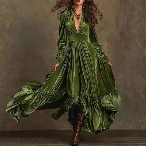 Haljina A-linije s V izrezom, dugim rukavima, visokim strukom, uzorak pruga/kockasti uzorak