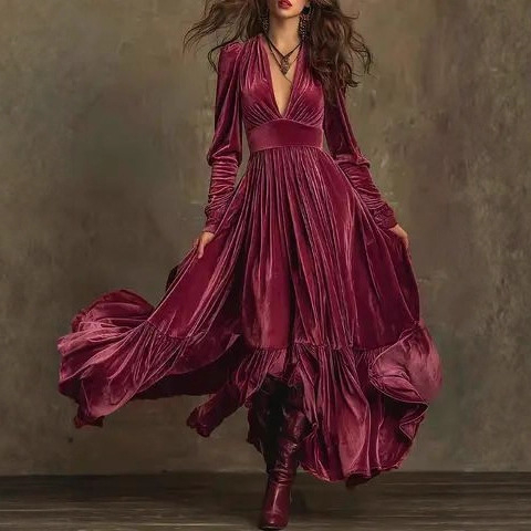 Haljina A-linije s V izrezom, dugim rukavima, visokim strukom, uzorak pruga/kockasti uzorak