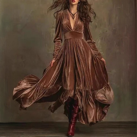 Haljina A-linije s V izrezom, dugim rukavima, visokim strukom, uzorak pruga/kockasti uzorak