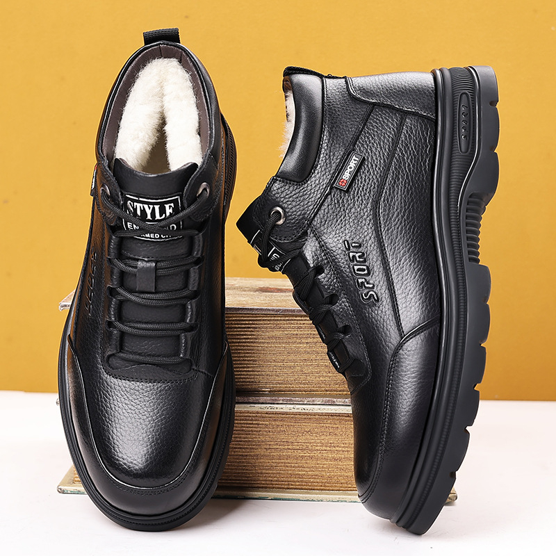 Muške kožne zimske čizme, visoke, s debelim potplatom, fleece podstavom, protuklizna gumena potplata