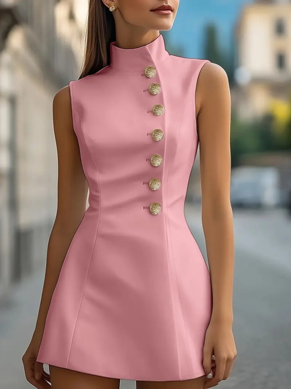 Elegantna haljina u stilu sakoa, bez rukava, stojeći ovratnik, A-linija, kratka suknja, srednji obim struka, poliester 95%+
