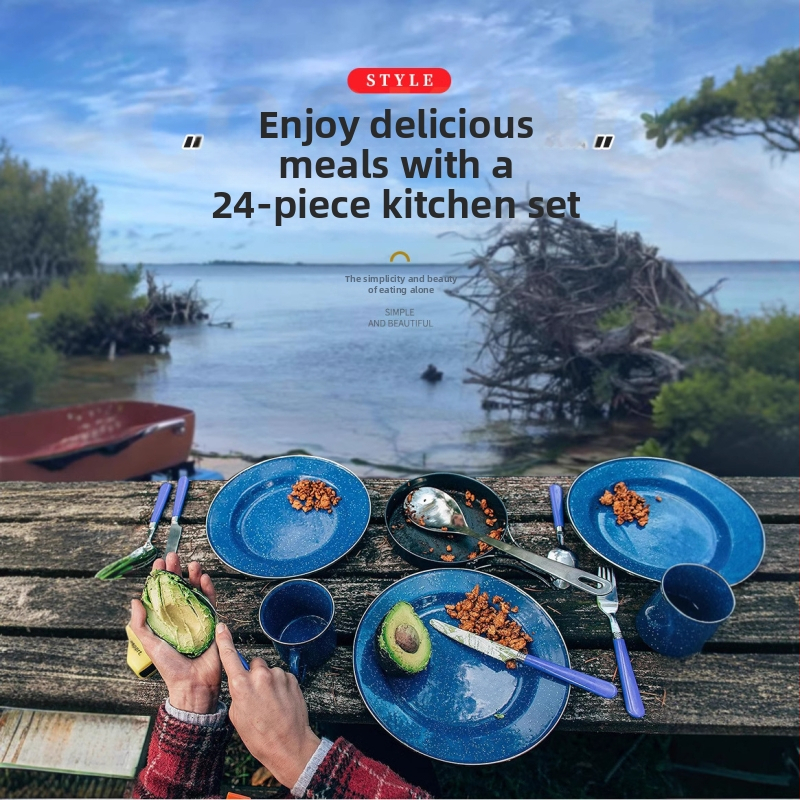 24 gab. emalēts kempinga ēdienu serviss, dzelzs ar emaljas pārklājumu, retro stils, pielāgošana