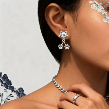 Retro náušnice s mačkou labkou - zadné zavesenie, meď, elektroplátovanie, štýl Zviera/Zodiak JK, svieže a sladké