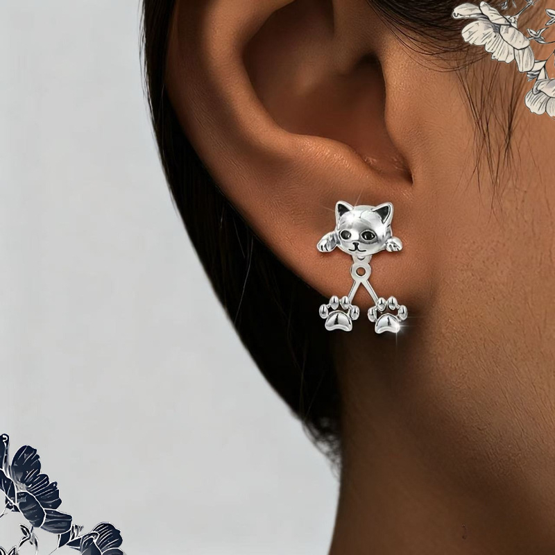 Retro náušnice s mačkou labkou - zadné zavesenie, meď, elektroplátovanie, štýl Zviera/Zodiak JK, svieže a sladké